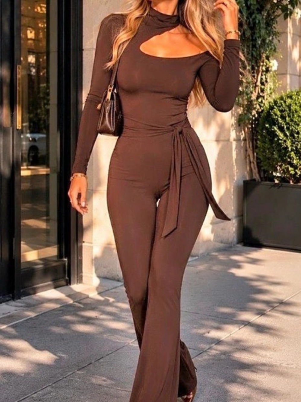 STUDIO One Shoulder Navy Blue Long-Sleeve Waist Tie Flare Jumpsuit